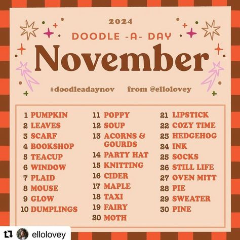 Hello November🍂🍁 My prompts for challenges: #comfynovemberick by @rickytheunicorn #stopdropdoodle #stopdropdoodlechallenge #stopdropdoodle2024 by @the.petite.planner #doodleadaynov #doodleaday #doodleadaynov2024 #doodleadaynovember by @ellolovey #illustration #hellonovemberillustration #childrenillustration #illustrationartists #illustrator #drawingchallenge #artchallenge Doodle A Day, Doodle Challenge, Little Drawings, Doodle A, Easy Doodle, Hello November, Easy Doodle Art, Simple Doodles, Illustration Artists