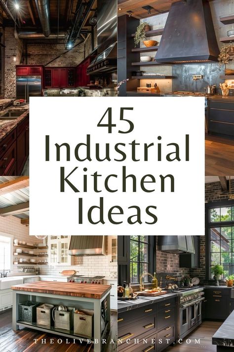 Explore the perfect blend of style & functionality with our Industrial Kitchen Ideas! 🍳 From rustic charm to modern elegance, discover how to transform any small space into a chic cooking haven without breaking the bank. Featuring cheap design solutions, sleek stainless steel accents, and crisp white finishes, these ideas are ideal for those who love an edgy yet sophisticated look. Industrial Kitchens With Islands, Industrial Design Kitchen Decor Styles, Industrial Home Kitchen Ideas, Kitchen Design Industrial Modern, Kitchen Industrial Style Modern Rustic, Small Farm Kitchen Ideas, Industrial Kitchen Backsplash Ideas, Modern Industrial Decor Kitchen, Industrial Kitchen Island Ideas