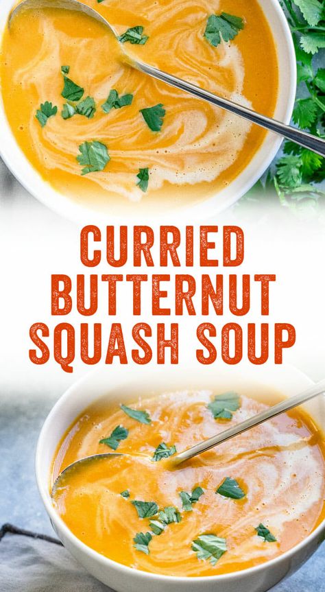 This easy curried butternut squash soup recipe is just perfect, creamy and seasoned with ginger and curry paste. Your search for the best squash soup is over! #butternutsquash #squash #soup #healthy #mealprep #easy #curried #curry Cushaw Squash Recipes Soup, Hubbard Squash Soup Recipe, Pureed Soup Recipes, Souper Sunday, Curry Butternut Squash Soup, Root Recipes, Milk Ideas, Surgery Prep, Curried Butternut Squash