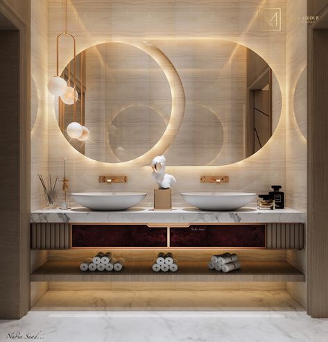 Guest bathroom design in Kuwait City on Behance Unique Bathroom Mirrors, Guest Bathroom Design, Modern Luxury Bathroom, Restroom Design, Washbasin Design, Bathroom Decor Luxury, Washroom Design, Decor Baie, Bathroom Design Decor