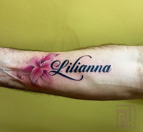 I had so much fun tattooing this piece on my client in honor of his new granddaughter  #eyeKANDI #eyekandiink #ink #tattoo #tattoos #tattooartist #art #artist #ct #connecticut #ctartist #norwalk #organicinktattoo #nyc #femaletattooartist #script #font #lily #lilies #lilianna #pink #flower #name #beautiful #tatsoul #eternalink Tattoos For Granddaughters, Lily Tattoo Name, Eliana Tattoo Name, Pink Name Tattoo, Lilly Name Tattoo, Heavenly Flower Leilani Tattoo, Leilani Tattoo Name, Lily Tattoo With Name, Lily Name Tattoo