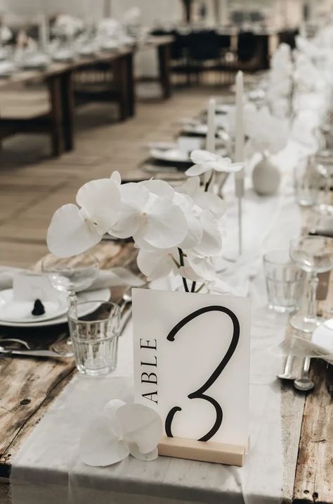 Bride With Short Hair, Table Number Signs, Monochrome Weddings, Short Hair Bride, Black And White Wedding Theme, Monochrome Decor, Acrylic Table Number, Number Signs, White Wedding Theme