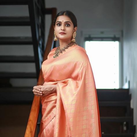 Ramya Nambessan in peach pattu saree by Devraagh 3 Peach Pattu Saree, Photoshoot In Saree, Remya Nambeesan, Movies Scenes, Orange Saree, Latest Designer Sarees, Violet Dresses, Indian Fashion Saree, Malayalam Actress