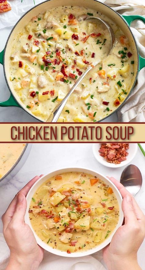 Warm up your soul with this deliciously comforting chicken and potato soup. Perfect for chilly days, this hearty recipe combines tender chicken, creamy potatoes, and a medley of flavorful herbs to create a bowl of pure coziness. Whether you're looking for a satisfying lunch or a soothing dinner, this soup is sure to become a family favorite. Easy to make and even easier to enjoy, it's the ultimate comfort food that brings everyone together. Chicken Breast Soup, Chicken Potato Soup, Chicken Potato, Creamy Chicken Soup, Potato Recipes Side Dishes, Delicious Soup Recipes, Soup Recipes Slow Cooker, Potato Soup Recipe, Freezer Meal