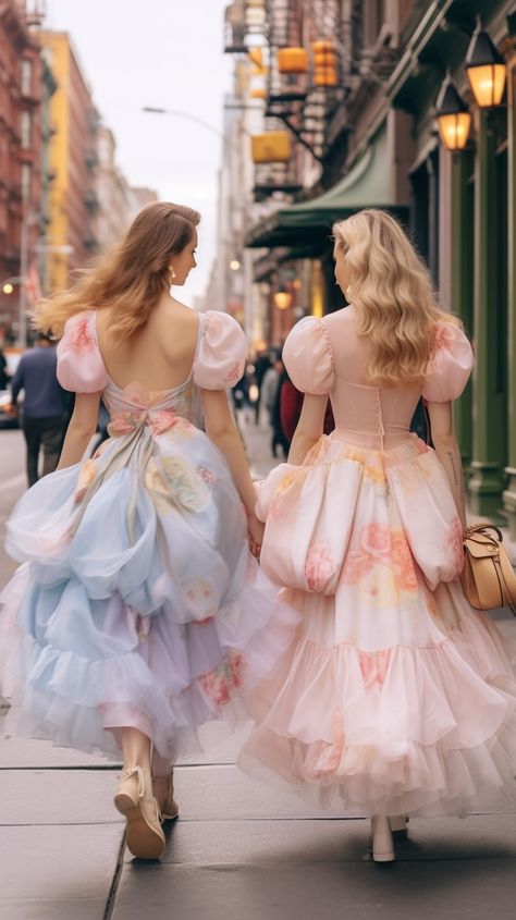 Two women dressed in Cinderella-inspired gowns gracefully walking in an urban setting, a beautiful fusion of classic fairy tale elegance and contemporary city life perfect for Pinterest, inviting onlookers to reimagine modern adventures with a storybook twist. Modern Fairytale Aesthetic, Fairy Tale Fashion, Modern Day Cinderella, Cinderella Aesthetic, Modern Cinderella, Princess Vibes, Fairytale Aesthetic, Modern Fairytale, Fashion Vibes