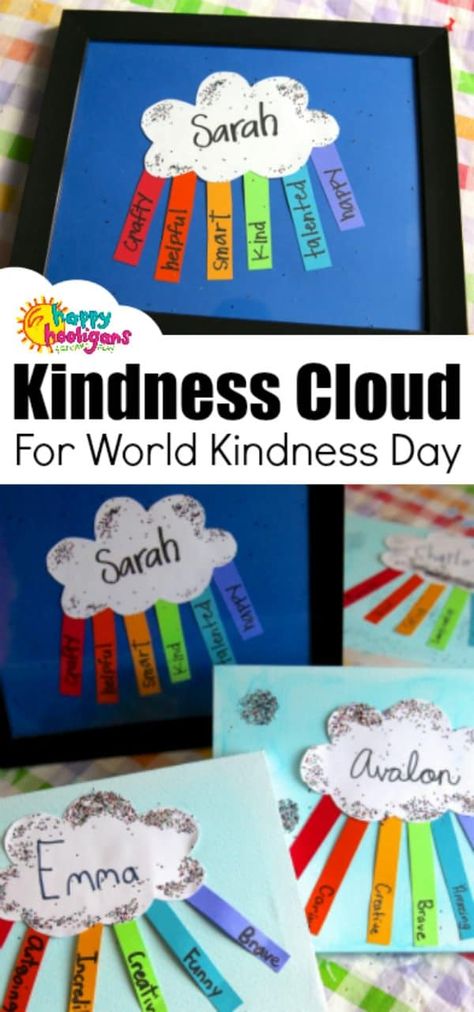 Framed Kindness Cloud for kids to make for a friend for World Kindness Day. This easy paper craft makes a thoughtful gift for a young child to give to a friend. #HappyHooligans #WorldKindnessDay #WorldKindnessDayCrafts #KindnessCrafts #PaperCrafts #RainbowCrafts #KidMadeGifts #KidsArt #KidsCrafts #CraftsForKids  via @https://www.pinterest.com/happyhooligans/ Clouds For Kids, Happy Hooligans, Cloud Craft, Kindness Day, Kindness Activities, World Kindness Day, Rainbow Crafts, Diy Papier, Crafts For Kids To Make