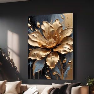 This striking piece captures the essence of a golden flower in full bloom, set against a deep background with accents of white and gold drips that suggest movement and vitality. The rich texture and bold contrast evoke emotion and imagination, making it a focal point in any room. Abstract Floral Artwork, Abstract Digital Art, Golden Flower, Painting Digital, Floral Artwork, Rich Textures, Modern Wall Decor, Modern Painting, Digital Art Prints