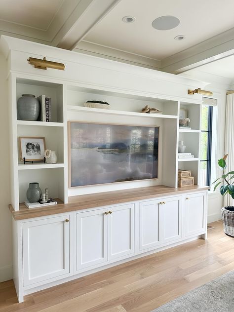 Check out this photo from the_drews_design White Built Ins With Wood Shelves, Styling An Entertainment Center, Media Cabinet Built In, Tv Cabinet Built In, Bookshelf With Tv In Middle, Builtin Cabinet Living Room, Tv Room Built Ins, Tv Built In Wall Unit Living Room, Custom Tv Cabinet Built Ins