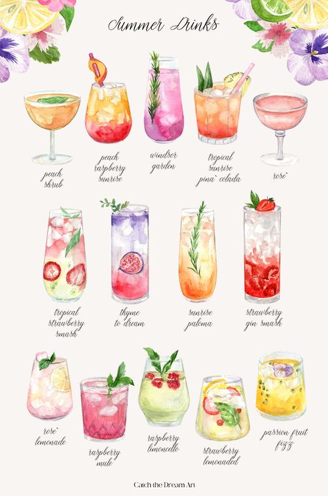 Fruity Summer Cocktails Watercolor by Catch the Dream Art on @creativemarket Drink And Paint Party Ideas, Watercolor Drinks Cocktails, Watercolour Cocktails, Cold Summer Drinks, Cocktails Garnish, Drinks Watercolor, Cocktail Drawing, Cocktail Menu Design, Passionfruit Cocktail