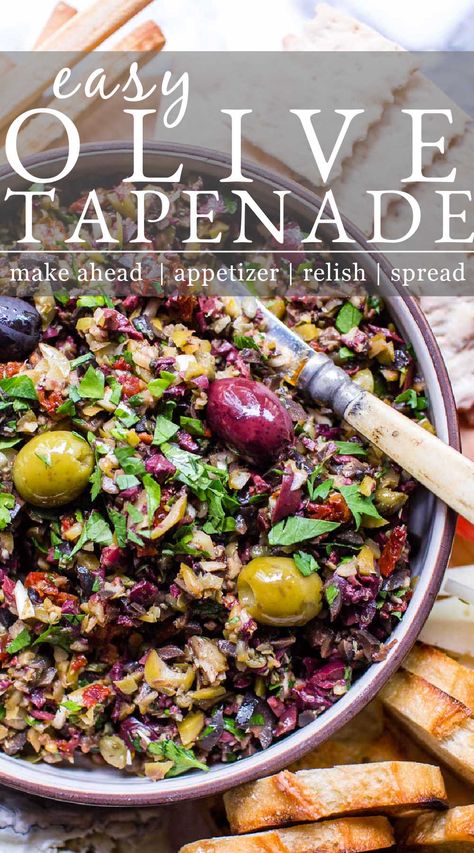 Olive Tapenade: A salty, garlicky, lemony snack, spread or appetizer. This olive tapenade recipe takes ten minutes to whip up and is make ahead easy! This recipe is vegetarian, vegan + gluten free. Italian Olive Tapenade Recipe, Trader Joe’s Olive Tapenade, Bon Appetit Appetizers, Easy Appetizers Vegan, Olive Tapenade Appetizers, Vegan Crostini Appetizers, Tapenade Recipe Appetizers, Make Ahead Vegan Appetizers, Tapenade Recipe Olive