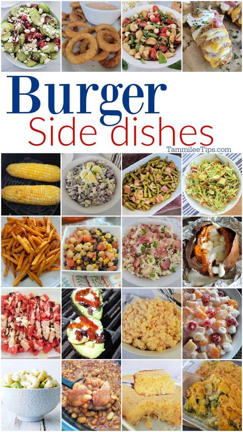 Great Burger Sides that pair perfectly with your hamburger or cheeseburger! Salads, side dishes, and more that are easy to make. Side Dishes Hamburgers, Hamburger Tray Ideas, Side Dish With Sandwiches, Sides To Go With Cheeseburgers, Food Truck Side Dishes, Sides To Eat With Burgers, Healthy Side Dishes With Burgers, What Goes Good With Burgers, Easy Burger Side Dishes