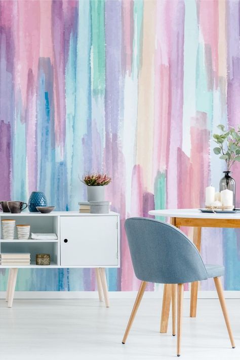 Stunning purple abstract wallpaper. Gorgeous idea for bedroom wall mural. Abstract wallpaper will emphasize your individuality and creativity. Peel and stick wallpaper is ready for shipping. Shop now at The Inspire Decor. Pastel Rainbow Wallpaper, Lady Cave, Choir Room, Whimsical Wallpaper, Ombre Wall, Renovation Inspiration, Pastel Wall Art, Rainbow Watercolor, Wallpaper Project