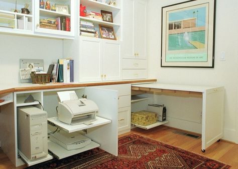 Cabinet Upgrade, Printer Storage, Hidden Desk, Office Contemporary, Organized Office, Computer Desk Design, Studio Storage, Office Photos, Storage Idea