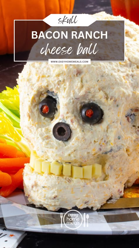 Unleash your spooky culinary skills with this Skull-Shaped Bacon Ranch Cheese Ball! 🎃 💀 Creamy, cheesy, and packed with flavor, it's the perfect party snack that will have your guests screaming for more. #HalloweenRecipes #PartyAppetizers #SpookySnacks #CheeseBall #HalloweenFood #SkullShaped #BaconRanch #HalloweenParty #FrightfullyDelicious #CreepyCuisine #CheeseBallRecipe #HalloweenTreats #GhoulishGoodies #FingerFood #HalloweenCooking #PumpkinSpiceEverything #FallFlavors Spooky Cheese Ball, Skull Cheeseball, Cheese Ball Easy, Halloween Cheese Ball, Bacon Ranch Cheese Ball, Ranch Cheese Ball, Easy Home Meals, Halloween Dishes, Easy Holiday Recipes