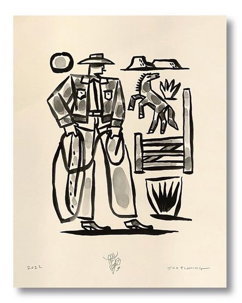 Vintage Western Drawings, Jon Flaming Art, Cowboy Abstract Art, Cowboy Art Print, Western Folk Art, Western Abstract Art, Cowboy Pop Art, Modern Western Art, Abstract Western Art