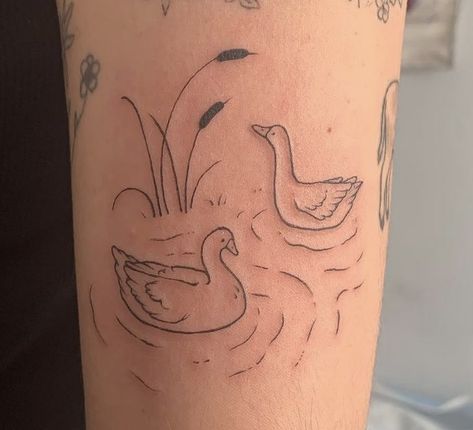 Duck Pond Tattoo, Water Off A Ducks Back Tattoo, Wallaby Tattoo, Mother Goose Tattoo, Fish Pond Tattoo, Pond Tattoo Ideas, Duck And Ducklings Tattoo, Ugly Duckling Tattoo, Groovy Tattoo Ideas