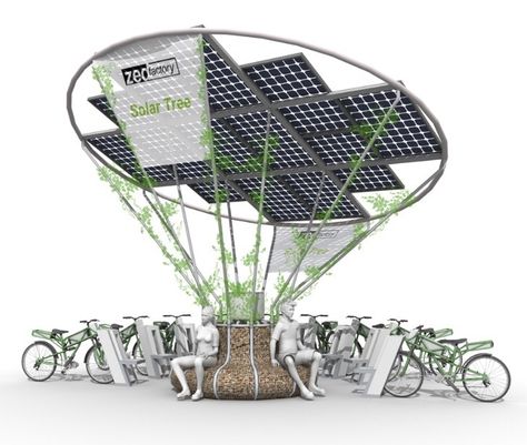 Solar charging tree for electric bikes.  Zedfactory.com Solar Charging Station, Solar Tree, Bike Shelter, Architecture Concept Diagram, Solar Energy Panels, Architecture Design Sketch, Bicycle Parking, Urban Furniture, Green Architecture