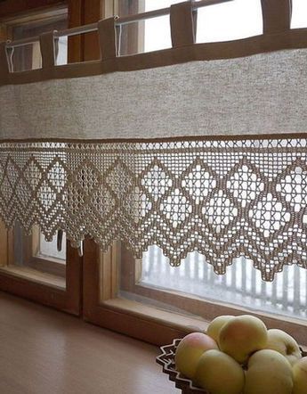 cortinas a crochet para cocina pequeña Plain Curtains, The Curtains, Kitchen Window Treatments, Crochet Curtains, Crochet Kitchen, Lace Curtains, Curtain Patterns, Curtain Designs, Kitchen Window