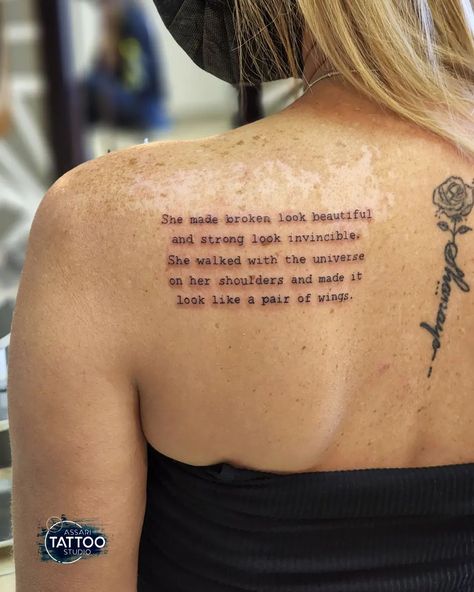 Long Tattoo Quotes For Women, Quote Tattoos On Back For Women, Outer Shoulder Tattoo For Women, Poems For Tattoos, Shoulder Blades Tattoos For Women, Plus Size Shoulder Tattoo, Small Paragraph Tattoos For Women, Beautiful Quotes Tattoo For Women, Words On Shoulder Tattoo