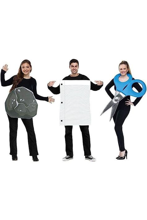 Rock, Paper, Scissors Halloween Costumes Scissors Costume, Rock Paper Scissors Costume, Funny Group Halloween Costumes, Fun Halloween Outfits, Rock Costume, Best Group Halloween Costumes, Trio Costumes, Halloween Costumes For Family, Cute Group Halloween Costumes