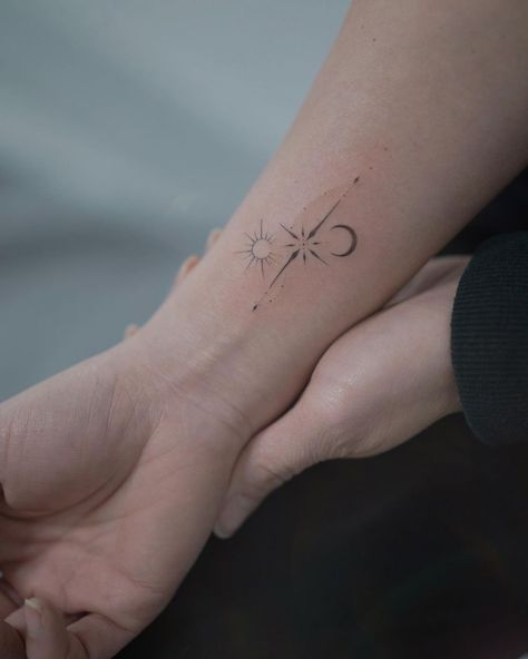 Star sun and moon✨ - - #쑥다라 #suntattoo #startattoo | Instagram Sun Moon Star Spine Tattoo, Sun Moon Star Tattoos, Moon Star And Sun Tattoo, Star And Sun Tattoos, Sun Moon And Stars Tattoo Meaning, Sun And Moon Wrist Tattoo, Star Moon And Sun Tattoo, Moon Star Sun Tattoo, Moon Sun And Stars Tattoo