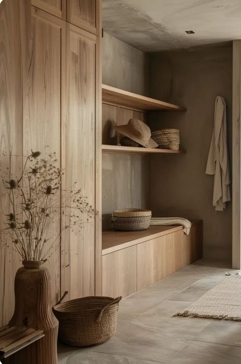 Mud Room Cabinetry, Wabi Sabi Mudroom, Japandi Utility Room, Hidden Backpack Storage, Mudroom Minimalist, Japandi Door Style, Foyer Built In Ideas, Modern Organic Laundry Room, Entryway Built In