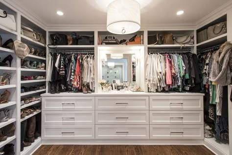 Walk In Closet with Built In Dressers, Transitional, Closet Womens Master Closet, Master Closet With Drawers, Medium Walk In Closet Ideas, Master Closet Dresser, Built In Closet Dresser, Walk In Closet Mirror, Master Closet Island, Master Closet Remodel, Master Closet Ideas