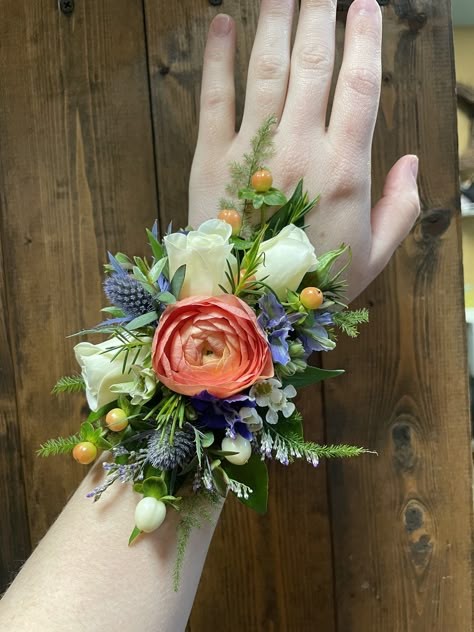 Corsages — Funky Mountain Flowers Wild Flower Corsage Wrist, Unique Prom Corsage Ideas Fresh Flowers, Wildflower Wrist Corsage, Shower Archway, Wild Flower Corsage, Wildflower Corsage, Colorful Corsage, Colorful Boutonniere, Formal Flowers