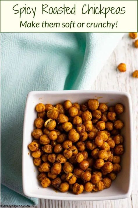 Spicy Roasted Chickpeas can be added to salads or eaten alone. Make them extra crunchy for a a healthy snack. #everydaycooks #roastchickpeas #roastgarbanzobeans Roasting Chickpeas, Spicy Roasted Chickpeas, Chickpea Snacks, Crunchy Chickpeas, Savoury Snacks, Eating Alone, Homemade Hummus, Chickpea Recipes, Raw Vegetables