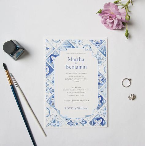 An uncustomised sample of the Blue White Portuguese tiles Save the Date. The 'Azulejo Tiles' wedding invitation bundle features watercolour blue tiles that create the perfect pattern for a summer or destination wedding. Inspired by the beautiful tiles found in lovely Lisbon this 'Azulejo Tiles' is perfect for weddings in Portugal, Spain and Italy where these kinds of tiles and patterns are found all around. Great for a seaside, sunny, destination wedding. Printed on super luxe textured card weig Blue Tiles Design, Mediterranean Save The Date, Portuguese Wedding Invitations, Spanish Wedding Invitations, Weddings In Portugal, Portuguese Wedding, Beautiful Tiles, Save The Dates Wedding, Blue White Weddings