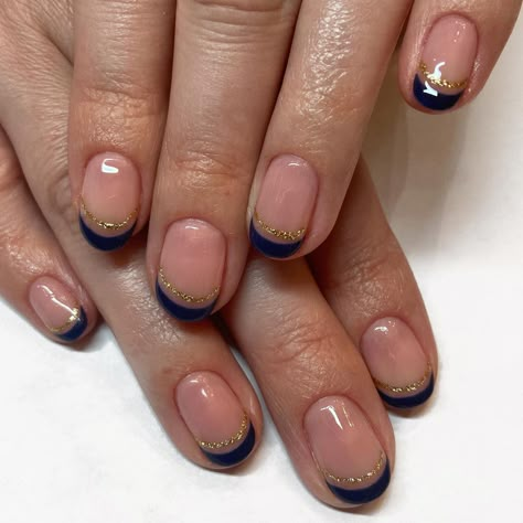 Navy Blue And Rose Gold French Tip Nails, Double French Tip Nails Short, Double French Short Nails, Navy And Gold Gel Nails, Blue And Gold French Nails, Navy And Gold French Tip Nails, Gold Navy Nails, Navy Wedding Nails Bridesmaid, Blue And Gold French Tip Nails