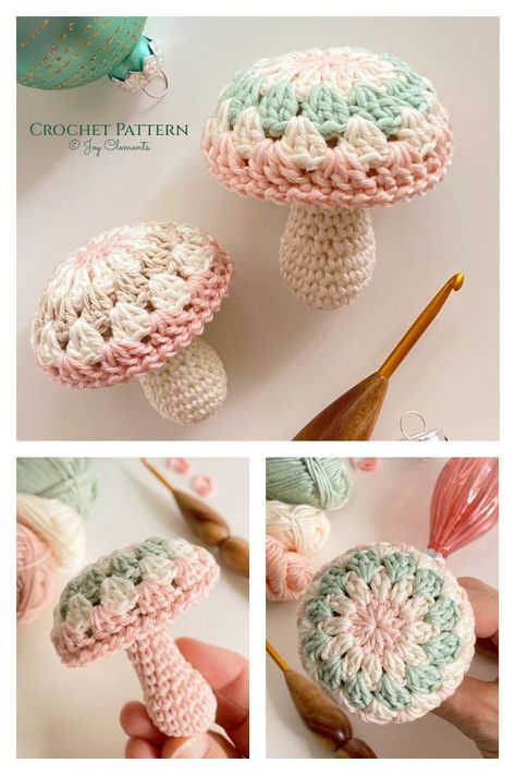 Quick Granny Mushroom Crochet Pattern Free Crochet Patterns For Mushrooms, Granny Mushroom Crochet, Small Crochet Mushroom Pattern Free, Mystical Crochet Patterns, Cute Crochet Inspiration, Easy Crochet Mushroom Pattern Free, Mushroom Crochet Free Pattern, Crochet Mushroom Doll Pattern Free, Fun Quick Crochet Projects