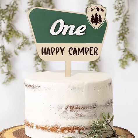 One Happy Camper Cake, Camper Cake Topper, Happy Camper Cake, Camping 1st Birthday, Camper Cake, Camper Cakes, Happy Camper Birthday Party, Camping Party Decorations, National Park Sign