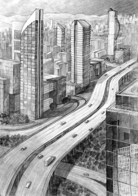 Modern City Drawing, Interior Architecture Sketch, Cityscape Drawing, Perspective Sketch, Drawing Scenery, Perspective Drawing Architecture, Architecture Drawing Plan, City Sketch, Interior Architecture Drawing