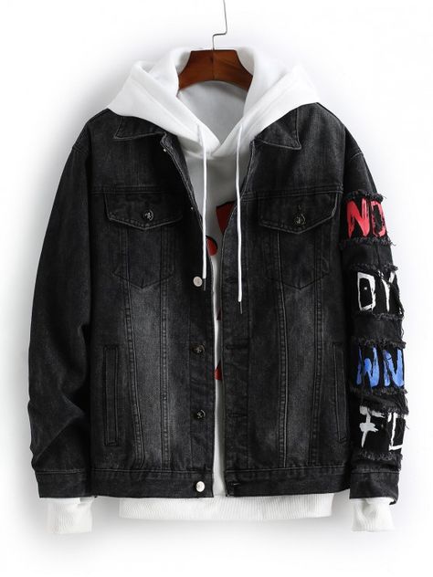 Mens Outwear, Denim Jacket With Hoodie, Denim Hoodie, Stand Collar Jackets, Stylish Hoodies, Guys Clothing Styles, Mens Winter Coat, Black Denim Jacket, Denim Jacket Men