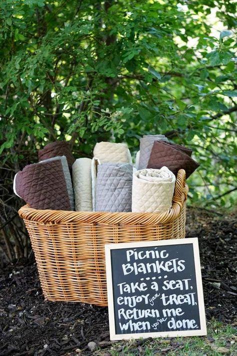 Picnic blankets.  Extra wedding seating.  Picnic sign. Backyard Blanket Seating, Picnic Blanket Wedding Seating, Diy Picnic Wedding, Picnic Table Wedding Ceremony, Wedding Picnic Blankets, Wedding Picnic Basket, Summer Picnic Wedding, Picnic Wedding Ceremony, Picnic Reception