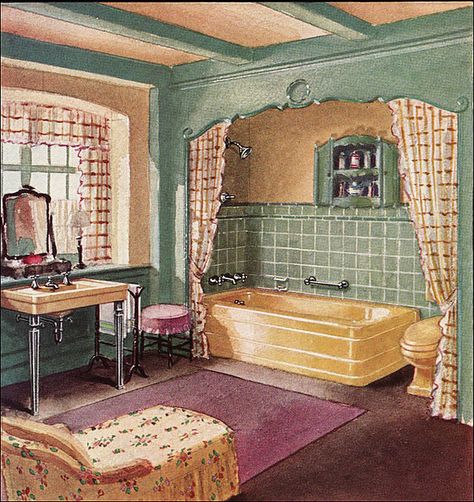 1930 Crane Bathroom  Yellow, plum, and green were a favored combination in the late 1920s and early 1930s 1920 Cottage, Crane Bathroom, 1930 Bathroom, Vintage Blue Bathroom, 1930s Bathroom, 1930s Home Decor, 1930s House Interior, Bathroom Yellow, 1930s House