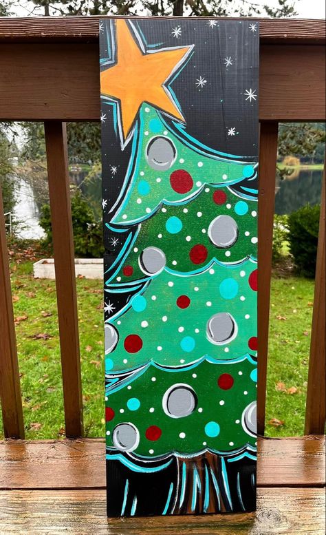 Painting Porch Leaners, Easy Christmas Paintings On Wood, Porch Leaners For Christmas, Christmas Tree Painting On Wood, Christmas Door Leaner, Painting On Wooden Planks, Christmas Porch Leaners, Christmas Canvas Ideas, Christmas Paintings On Wood