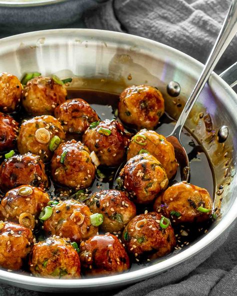 Perfectly seasoned and full of Japanese flavors, these tasty bite-sized Teriyaki Chicken Meatballs are so juicy and ready in 30 minutes. #teriyakichicken #meatballs #recipes Japanese Flavors, Teriyaki Chicken Meatballs, Meatballs Recipes, Tuscan Bean Soup, Easy Teriyaki Chicken, Cheesy Chicken Enchiladas, Chicken Meatball Recipes, Jo Cooks, Ground Chicken Recipes