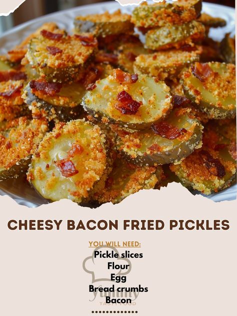 🥓🧀 Dive into the crunch with Cheesy Bacon Fried Pickles! A perfect snack for game day. #FriedPickles Cheesy Bacon Fried Pickles Ingredients: Pickle slices, drained (1 cup) Flour (1/2 cup) Egg, beaten (1) Bread crumbs (1 cup) Bacon, cooked and crumbled (1/4 cup) Cheddar cheese, shredded (1/2 cup) Instructions: Coat pickle slices in flour, dip in egg, then in mixed bread crumbs, bacon, and cheese. Fry in hot oil until golden. Serve with ranch dipping sauce. 🍴🎉 Crispy, cheesy, and irresistibly... Dill Pickle Spears, Bacon Wrapped Pickles, Breakfast Brunch Party, Pickle Spears, Bacon Fries, Pickle Slices, Air Fried Food, Dip Recipes Easy, Fried Pickles