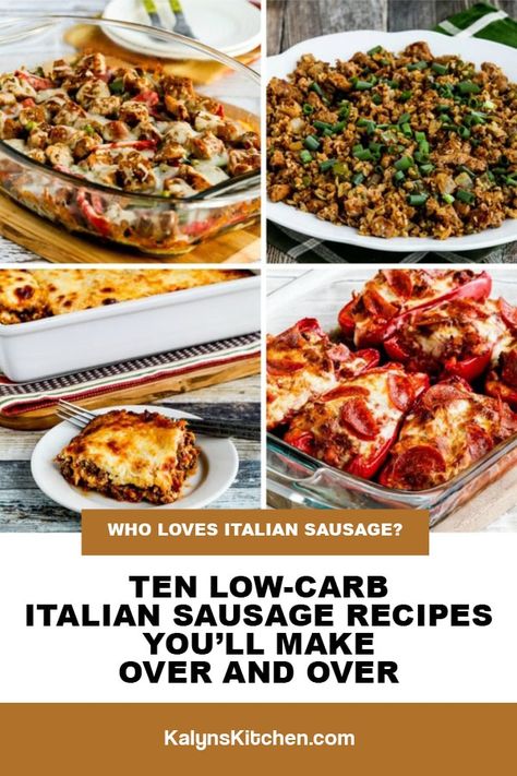 I'm a big Italian Sausage fan, and this round-up of Ten Low-Carb Italian Sausage Recipes You'll Make Over and Over has my favorites recipes with Italian Sausage! [found on KalynsKitchen.com] #ItalianSausageRecipes #LowCarbItalianSausageRecipes #ItalianSausage Italian Sausage Recipes Whole 30, Low Carb Recipes With Italian Sausage, Ww Italian Sausage Recipes, Healthy Meals With Italian Sausage, Sausage And Turkey Recipes, Uses For Italian Sausage, Keto Italian Sausage Recipes Crockpot, Keto Recipes Italian Sausage, Keto Recipes Using Ground Sausage