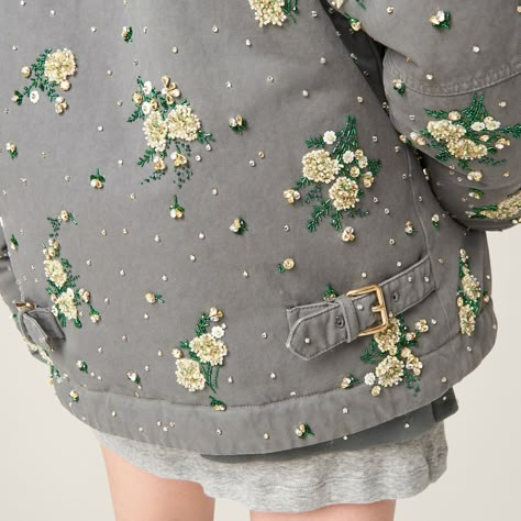 Iron Gray Embroidered Garment-dyed Gabardine Blouson Jacket | Miu Miu Miu Miu Embroidery Details, Miu Miu Embroidery, Embroidery Jackets For Women, Miu Miu Jacket, Couture Hair Accessories, Blouson Jacket, Beaded Jacket, Embroidery On Clothes, Embroidery Designs Fashion