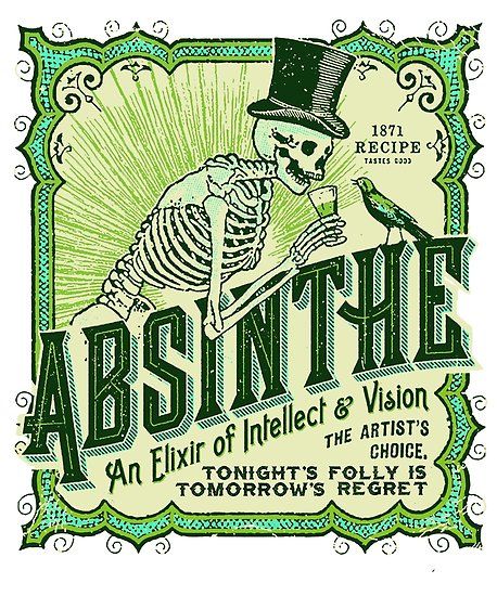 Absinthe Label, skeleton, Elixir, Tonight’s Folly is Tomorrow’s Regret, The artist Choice, An Elixir of Intellect & Vision. • Also buy this artwork on wall prints, apparel, stickers, and more. Green Fairy Absinthe, Absinthe Art, Arte Pulp, Whimsical Home, Rock N’roll, Desenho Tattoo, Absinthe, Poster Retro, Vintage Iron