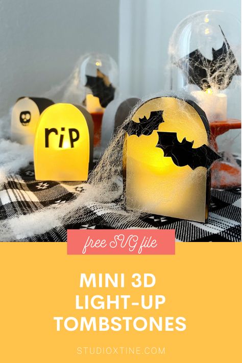 Mini 3D Light-Up Tombstones [FREEBIE!] – Studio Xtine Paper Bat, 3d Window, 3d Elements, 3d Light, Free Cut Files, Halloween Door, Local Crafts, Svg Free Files, Tombstone