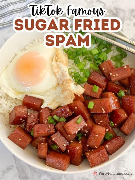 tiktok famous sugar fried spam, easy best brown sugar granulated white sugar fried spam, easy best dorm room meal cooking ideas for college students, easy simple budget friendly meals, family friendly meals in 15 minutes, spam and eggs, spam and rice musabi spam recipe Spam And Rice, Spam And Eggs, Spam Recipes Dinners, Fried Spam, Spam Recipes, Tiktok Famous, Gluten Free Sides Dishes, Comfort Food Recipes Dinners, Recipes Appetizers And Snacks