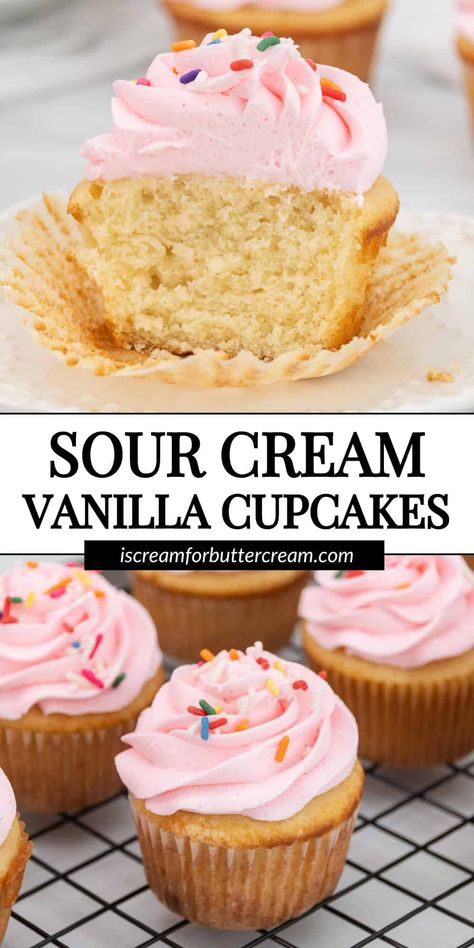 These vanilla sour cream cupcakes have a soft, buttery texture and rich vanilla flavor, a made from scratch recipe for the best homemade cupcakes. Sour Cream Vanilla Cupcakes, Sour Cream Cupcakes Recipe, No Butter Cupcakes, Best Moist Cupcake Recipe, Sour Cream Baking Recipes, Birthday Cake Cupcakes Recipe, Sour Cream Frosting Recipe, Moist Cupcakes From Scratch, Homemade Chocolate Cupcakes From Scratch