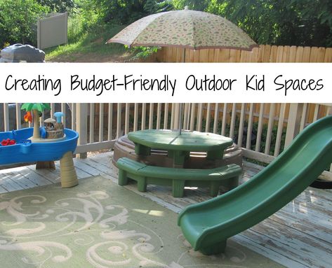 Outdoor Patio Play Area, Diy Outdoor Lounge Area, Cheap Outdoor Play Areas, Kids Backyard Oasis, Deck Play Area For Kids, Outside Toddler Play Area, Small Patio Kids Play Area, Outdoor Toddler Play Area Backyard Ideas, Porch Play Area For Kids