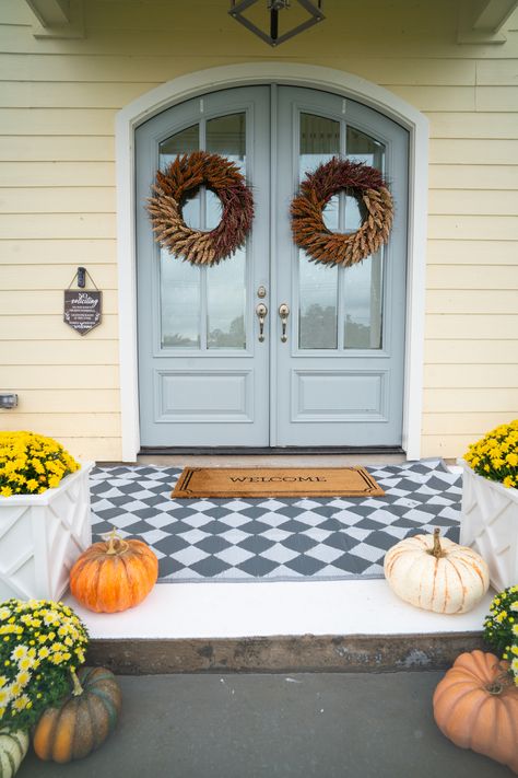 fall front door wreaths, double front door, planter box Wreath Double Front Door, Front Door Planter, Fall Front Door Wreaths, Door Fall Decor, Door Planter, Family Command Center, Front Door Wreaths, Autumn Wreaths For Front Door, Double Front Doors