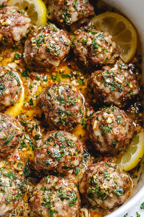 Ground Turkey Recipes Easy, Ground Turkey Meatballs, Lemon Garlic Butter Sauce, Ground Turkey Recipes Healthy, Turkey Meatballs Baked, Meatball Dinner, Turkey Meatball Recipe, Meatball Recipes Easy, Baked Turkey