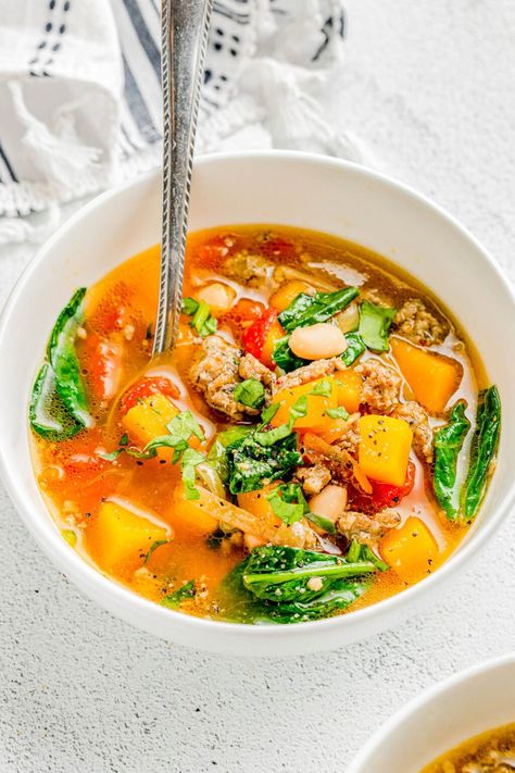 Squash And Sausage Soup, Butternut Squash And Sausage, Fish Pasta, Sausage Soup Recipes, Chicken And Butternut Squash, Italian Sausage Soup, Butternut Squash Recipes Soup, Ground Italian Sausage, Roasted Butternut Squash Soup